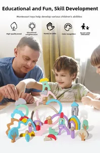 Father and children playing with Montessori rainbow wooden blocks for creative learning