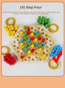 Detailed view of wooden board game with colored pegs and rubber bands for logic training