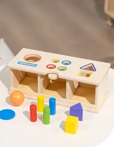 Macro detail of wooden Montessori sorting box with colorful geometric shape blocks