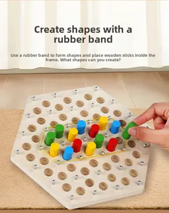 Detailed close-up of a wooden hexagonal geometry puzzle with colorful pegs and elastic bands