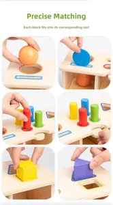 Close-up of child's hand matching colorful geometric blocks into precise wooden base holes