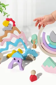 Detail of macaron-colored wooden stacking blocks showing smooth finish and creative shapes