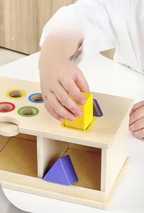 Detail of wooden Montessori toy box with geometric shape sorting for toddler hand skill