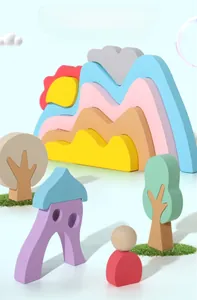 Close-up of Morandi wooden stacking blocks featuring 10 soft colors and varied shapes