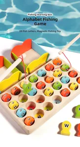 Details des magnetischen Holz-Angelspielzeugs mit bunten Alphabet-Fischen und zwei Angeln