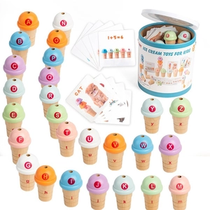 Educational wooden ice cream alphabet matching toy set with storage bucket for kids