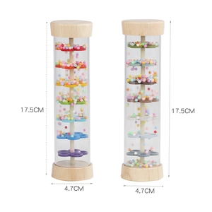 Rainbow rainmaker musical toy for toddlers with wooden ends and colorful beads