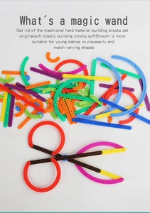 Detail of colorful soft plastic building blocks showing flexible shapes and a DIY scissors design