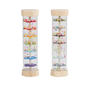 Rainbow rainmaker musical toy for toddlers featuring colorful beads and wood end caps