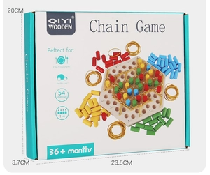 Wooden chain triangle board game packaging dimensions and colorful game components