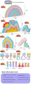 Detailed view of 44-piece wooden rainbow building block set with precise dimensions