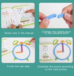 Macro detail showing multi-colored interlocking sticks forming 3D shapes from manual