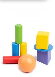 Macro shot of colorful Montessori geometric wooden blocks with smooth edges and water-based finish