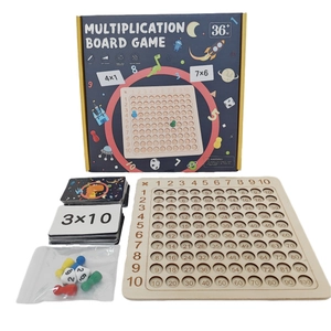 Wooden 99 multiplication table board game with color pawns and math cards for kids