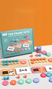 Macro shot of wooden ten-frame trays with colorful pegs for basic math learning