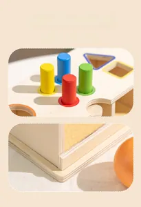 Macro detail of smooth edges and primary colors on wooden geometric Montessori toy
