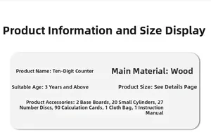 Detailed list of wooden ten-frame math toy parts including baseboards and number cards