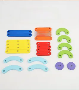 Detail view of colorful geometric wooden puzzle pieces for early educational Montessori toys