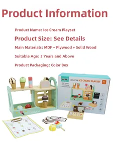 Detailed view of wooden ice cream shop play set with colorful cones and display stand