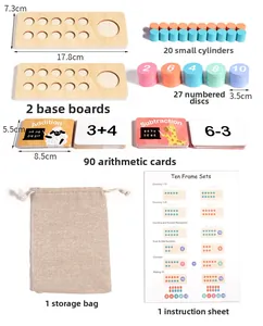 Flat lay of wooden ten-frame set with colorful pegs, number discs and math cards
