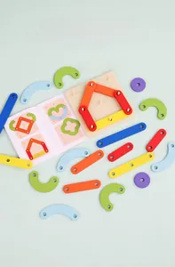 Macro detail of wooden Montessori geometric puzzle with colorful shapes and patterns