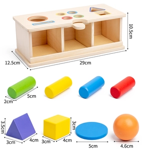 Detailed view of Montessori wooden geometric blocks and shape sorting box with dimensions