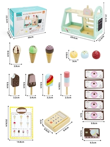 Detailed view of wooden ice cream shop set with labeled dimensions and toy components