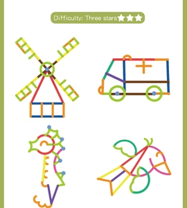 Detail showing four creative DIY models of building blocks with three-star difficulty level