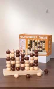 Macro detail of wooden 3D Connect Four game with 42 pieces and natural wood stand