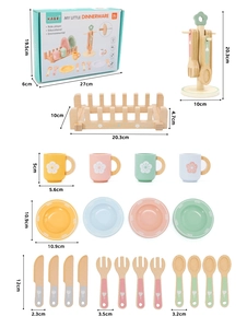 Detailed view of wooden play kitchen utensils with dimensions for children role play
