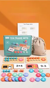 Macro view of wooden ten-frame set with colorful cylinders and math cards for kids