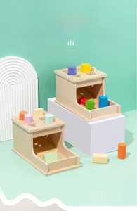 Detailed view of Montessori wooden shape sorting boxes with colorful geometric blocks