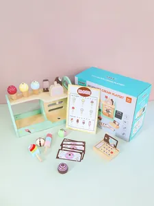 Detailed view of a wooden ice cream shop playset with cones, cash register and menu