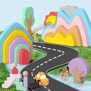Creative wooden rainbow building blocks set with dolls and trees for educational play