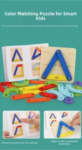 Detail of wooden Montessori geoboard with colorful geometric blocks and manual