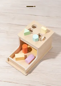 Detail view of Montessori wooden shape sorter box with colorful macaron geometric blocks
