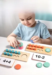 Macro shot of children using wooden ten-frame grid toys for math addition learning