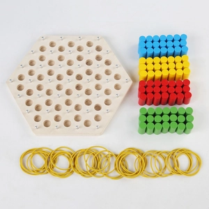 Wooden Montessori geometric board game with colorful cylinders and rubber bands