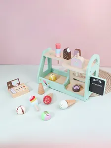 Detail of wooden ice cream shop playset with mint green display stand and colorful treats