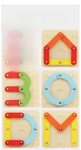 Detail view of 6 colorful geometric patterns and letters on a wooden pegboard toy