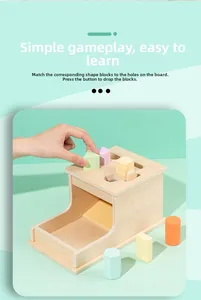 Close-up of a child putting Morandi-colored geometric blocks into a wooden sorting toy
