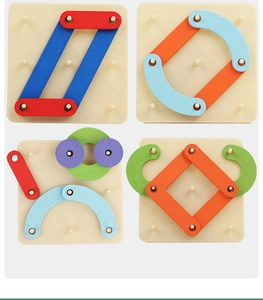 Detail showing colorful wooden geometric shapes and pegboard puzzles for early learning