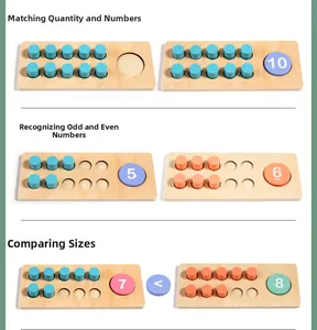 Detail showing wooden ten-frame counting blocks with colorful pegs for math learning