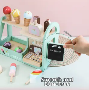 Detail of a wooden ice cream shop toy set with smooth edges and play cash register