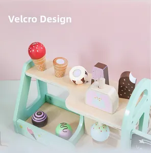 Detail of wooden ice cream toy stand with velcro design for interactive pretend play
