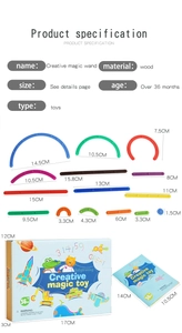 Detailed size guide of colorful wooden building blocks and creative puzzle set parts