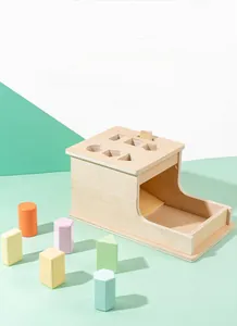 Close-up of colorful wooden geometric shape blocks with a Montessori sorting box