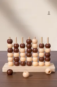 Detailed close-up of a classic wooden four-in-a-row game with smooth beads on a solid base