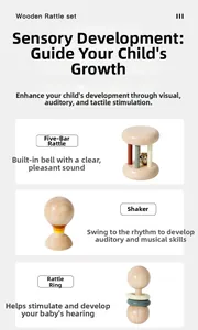 Three-piece wooden rattle set with sand hammer and rings for infant sensory training
