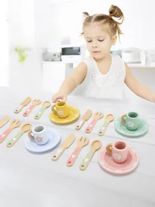 Detailed view of children's wooden toy tableware set with colorful cups and floral prints